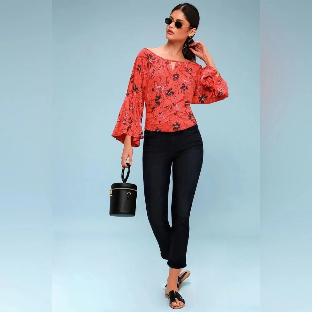 Free People Last Time Orange‎ Print Surplice Bell Sleeve Crop Top-size M NWT